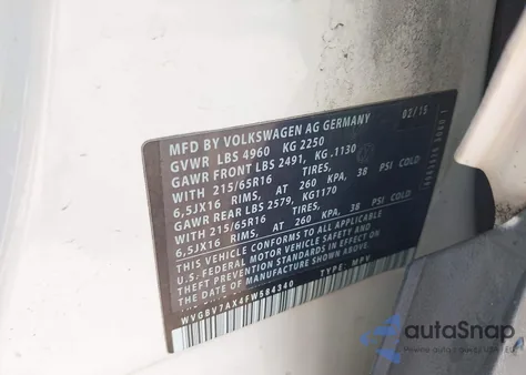 2015 Volkswagen Tiguan S from USA, damaged, VIN WVGBV7AX4FW584340